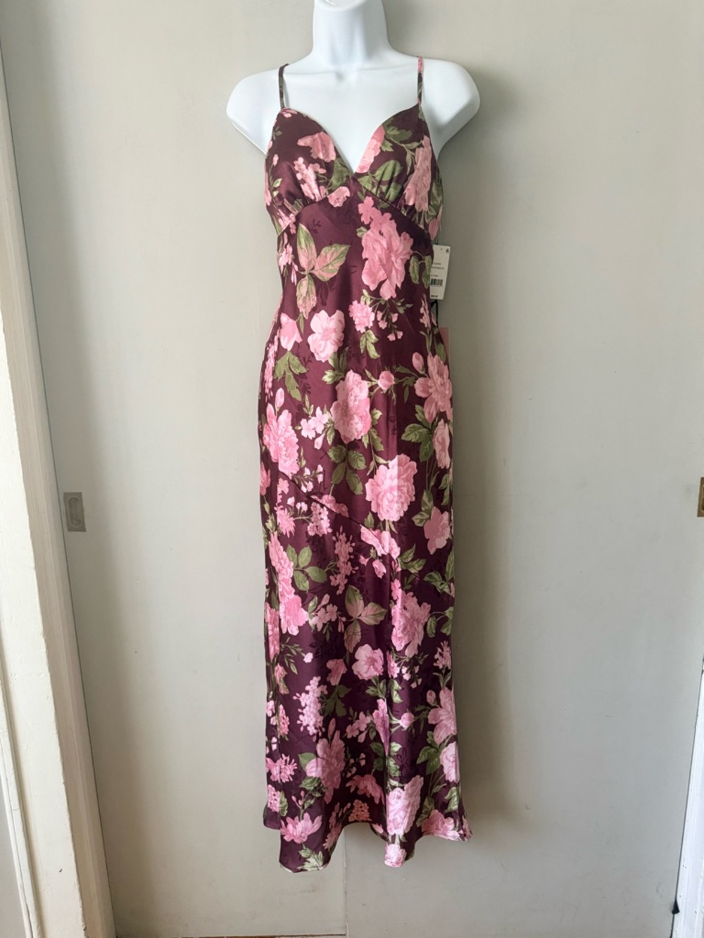 Beauty & Grace Floral Satin Slip Maxi Dress - Pink Rose on Burgundy NWT - Picture 2 of 5
